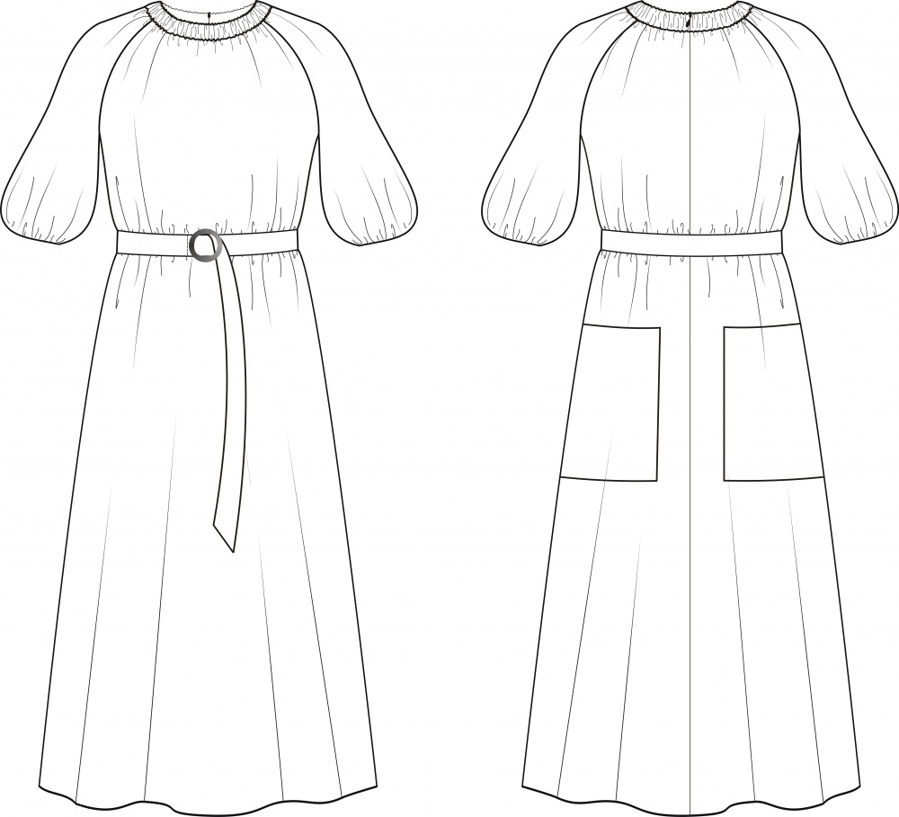 Платье миди с защипами у горловины. Инструкция по пошиву и печати выкроек фото