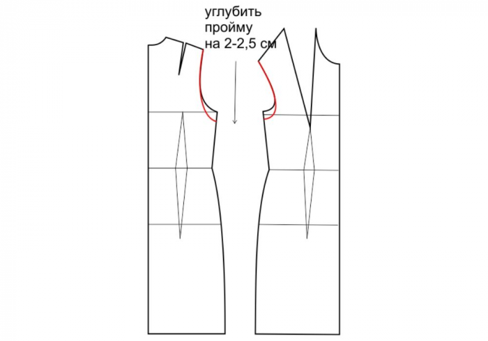 Пройма платья выкройка. Углубленная пройма моделирование проймы. Как углубить пройму на выкройке. Пройма в женских платьях. Моделирование платья рубашки с углубленной проймой.