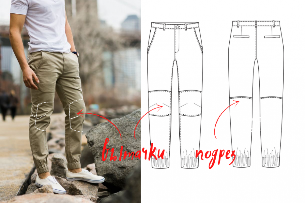 Как смоделировать вытачки на коленях в мужских брюках фото