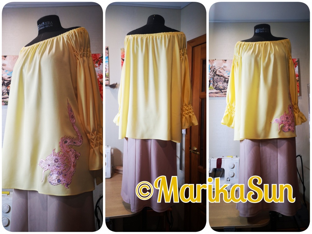 Туника - Желтенькое облако с розовым Драконом.  фото